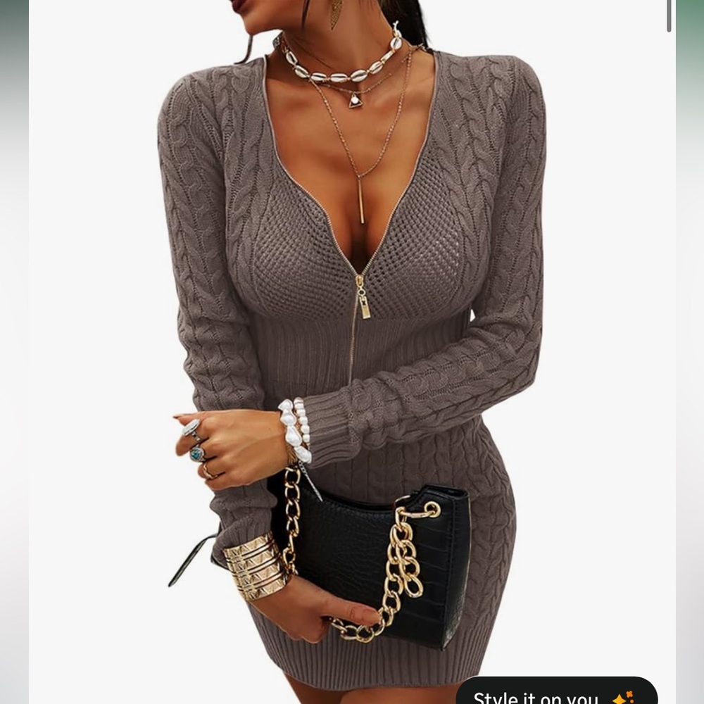 Elegant Cable Knit Zipper Dress - Olive Green